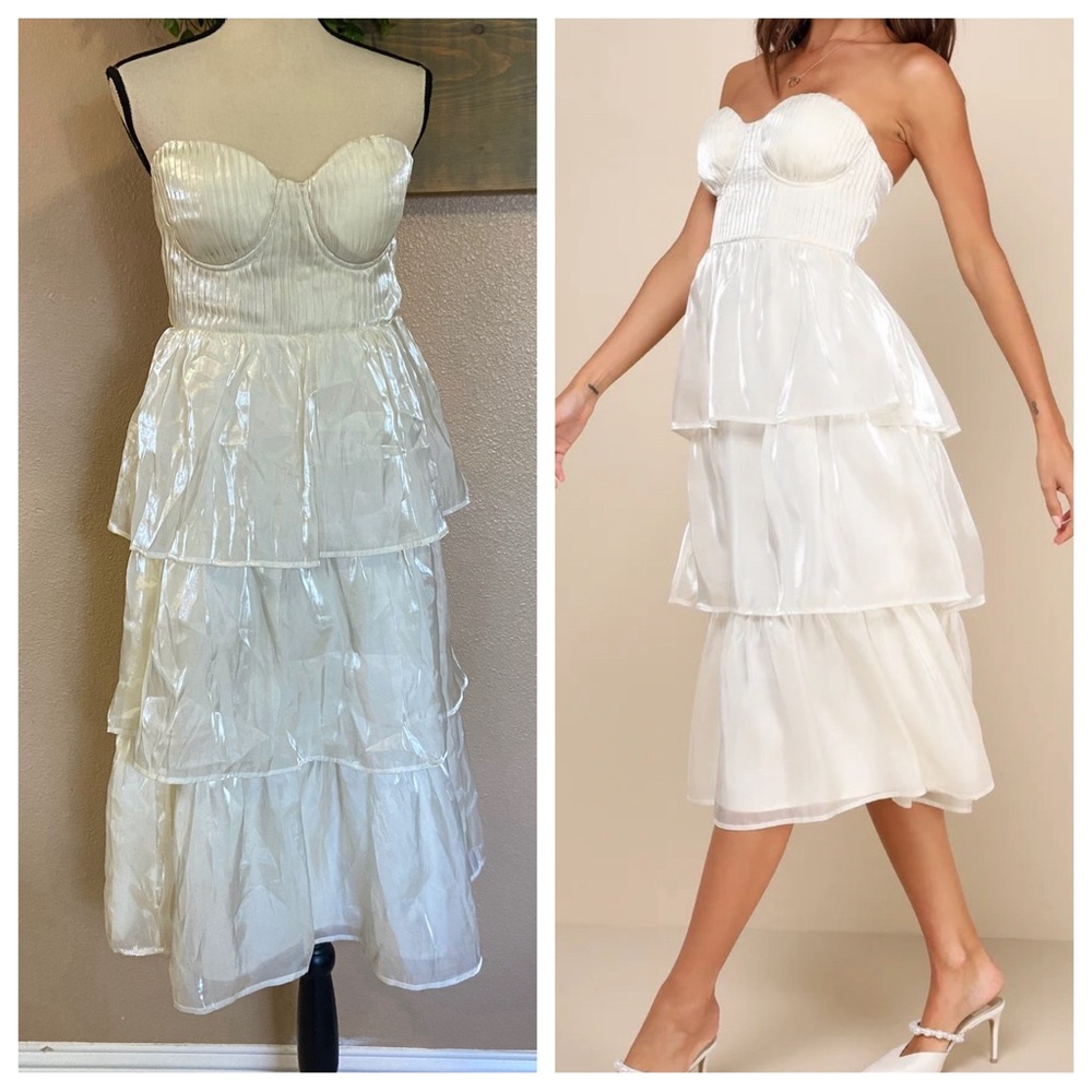 Lulu's Ivory Strapless Tiered Midi Dress